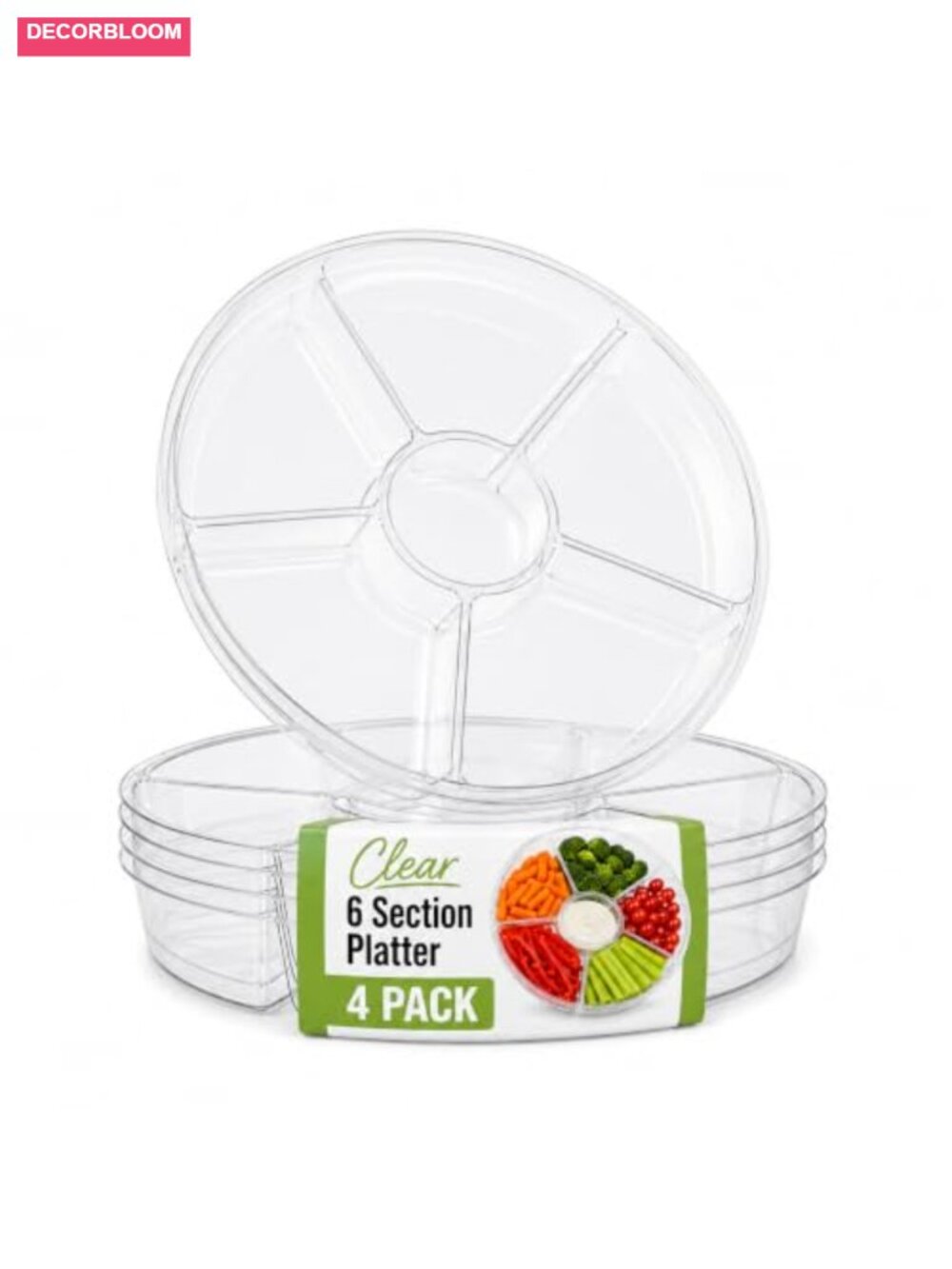 4 Pack 6 Section Clear Plastic Serving Trays Heavy Duty Party Platters